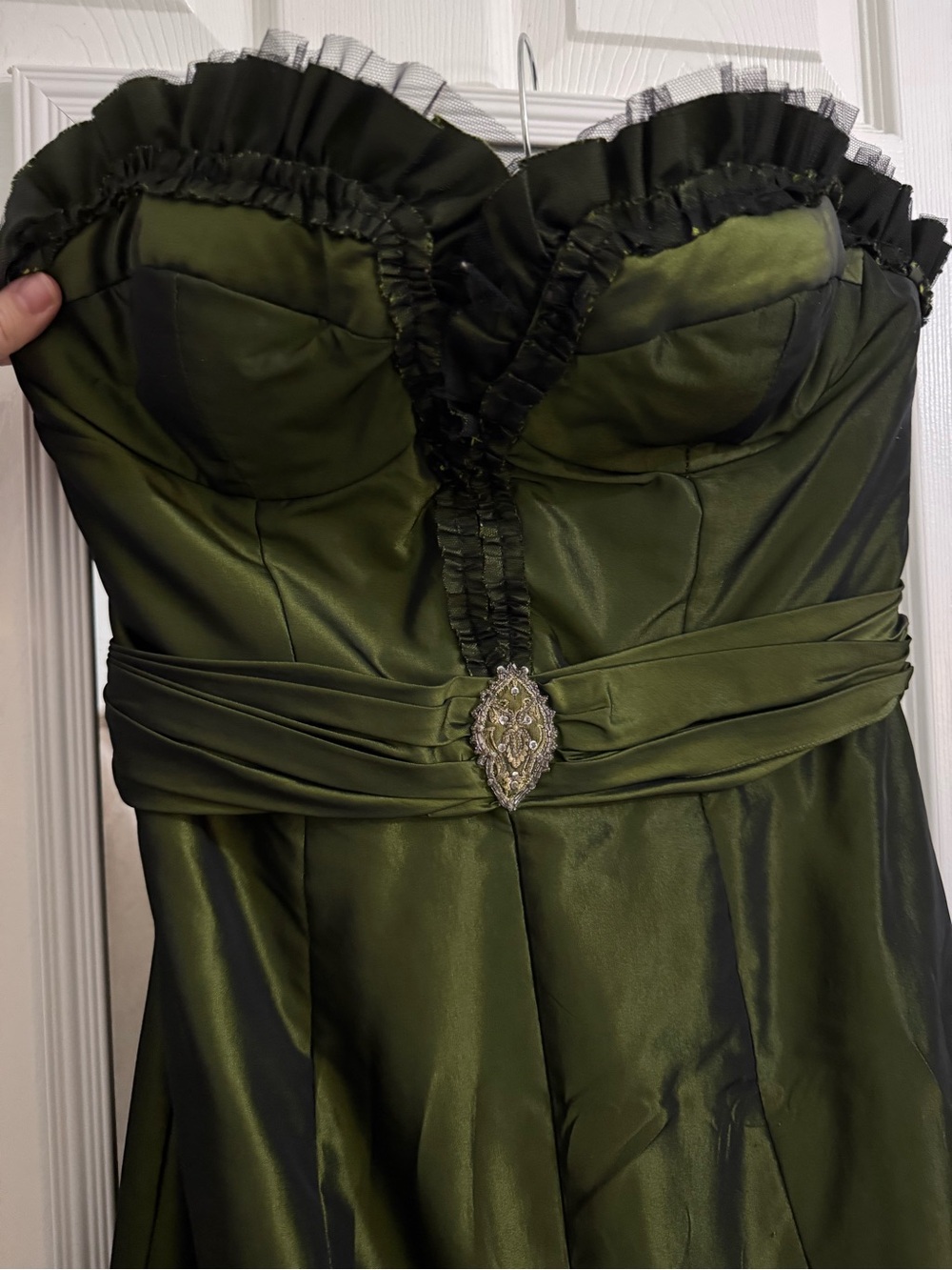 Badgley Mischka Strapless Olive Green Satin Gown with Jeweled Waist